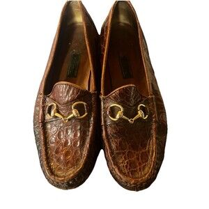 Womens 37 1/2 GUCCI Leather Shoes Ladies Brand Crocodile Horsebit Loafers Brown